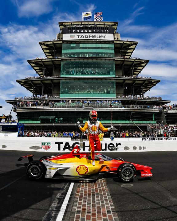 Josef Newgarden celebrates his win in the 107th Running of the Indianapolis 500. Photo courtesy IndyCar.